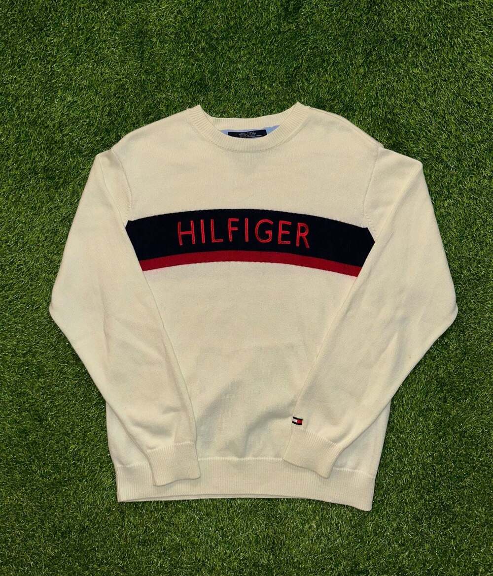 Vintage 1990s Tommy Hilfiger White Cotton Crewneck Sweater with Navy and Red Log